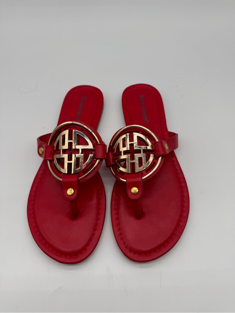 Pierre Dumas Red Thong Sandals with Gold Emblem